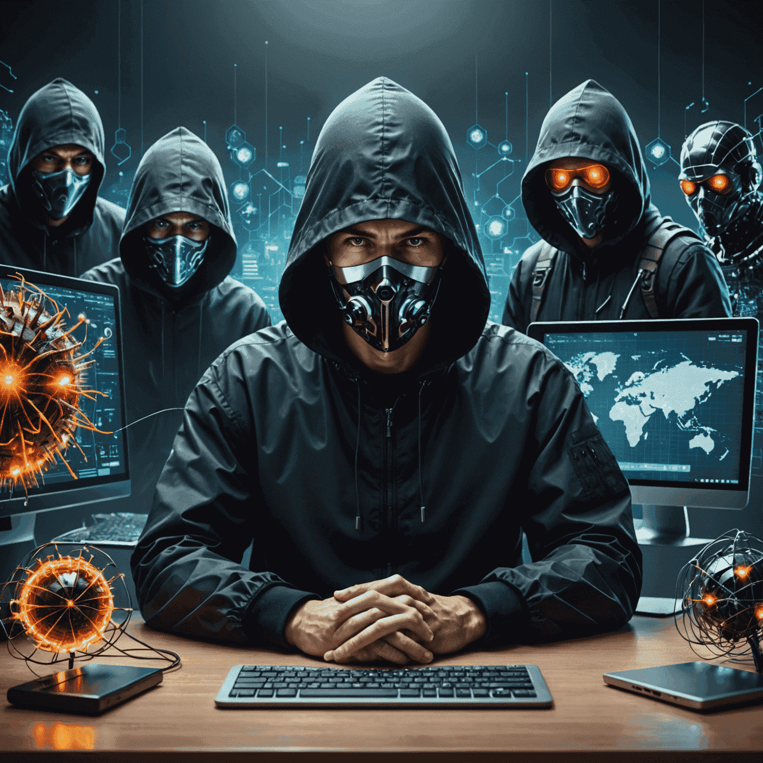 Imagen que ilustra diferentes tipos de amenazas cibernéticas como virus, phishing y hackers