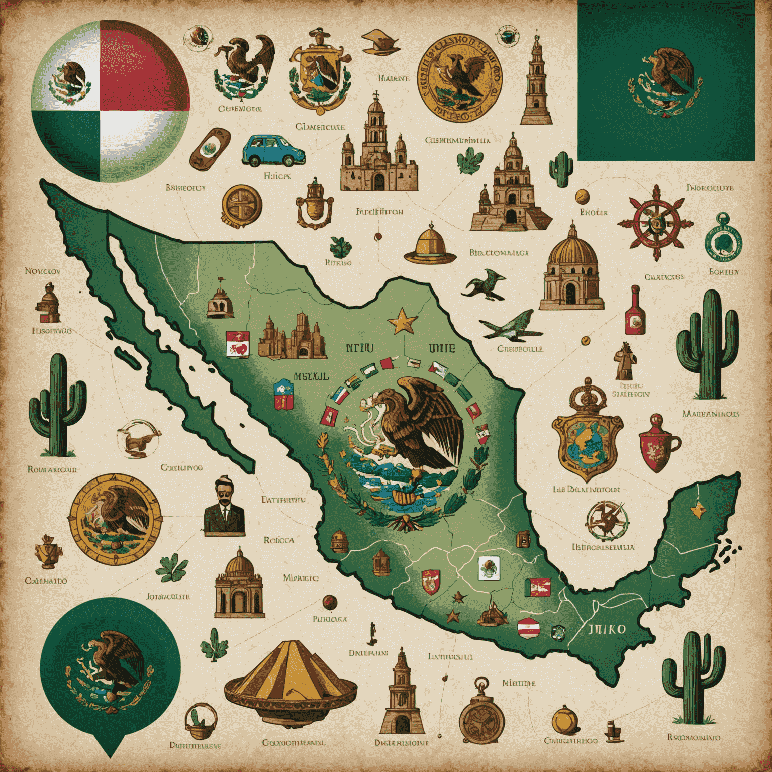 Imagen que muestra el mapa de México con iconos de seguridad cibernética superpuestos